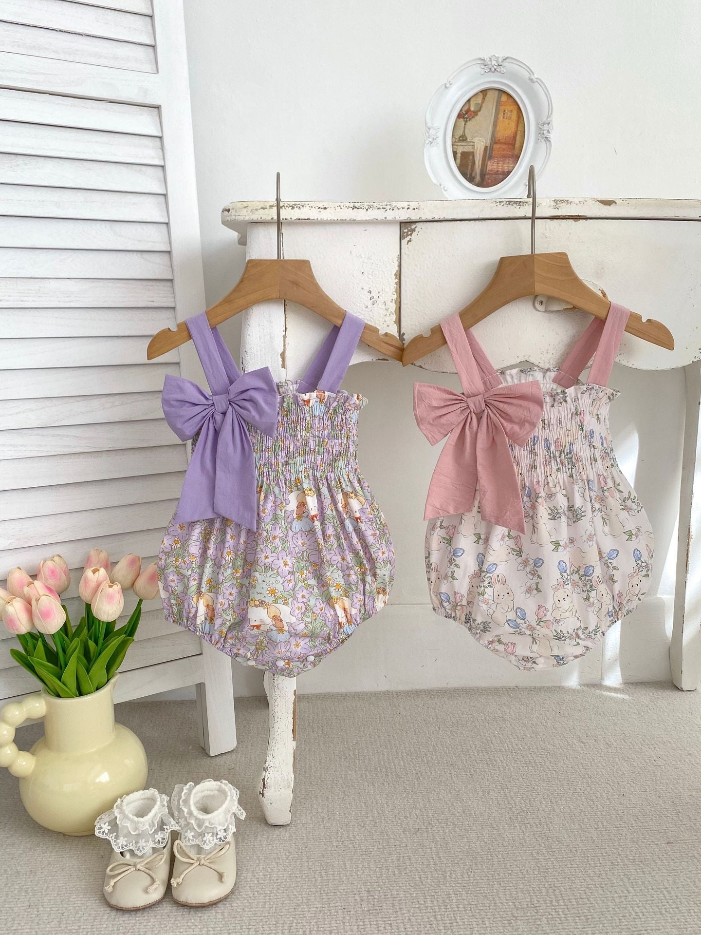 Summer Hot Selling Baby Girls Floral Cartoon Print Sleeveless Bows Strap Onesies-6