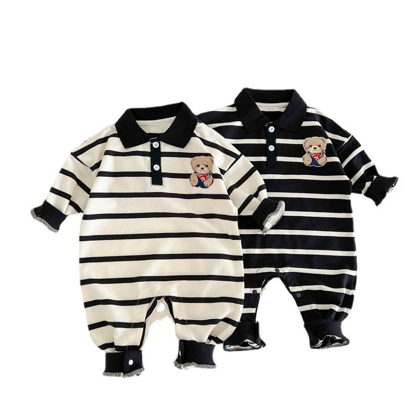 Baby Cartoon Bear Print &amp; Striped Pattern Polo Neck Long Sleeve Romper-7