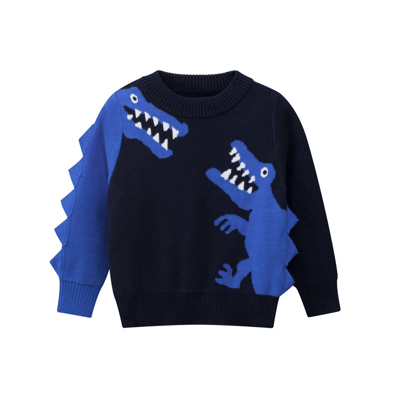 Boys Multi Color Contrast Dinosaur Pattern Round Collar Knit Sweater Outfit-0