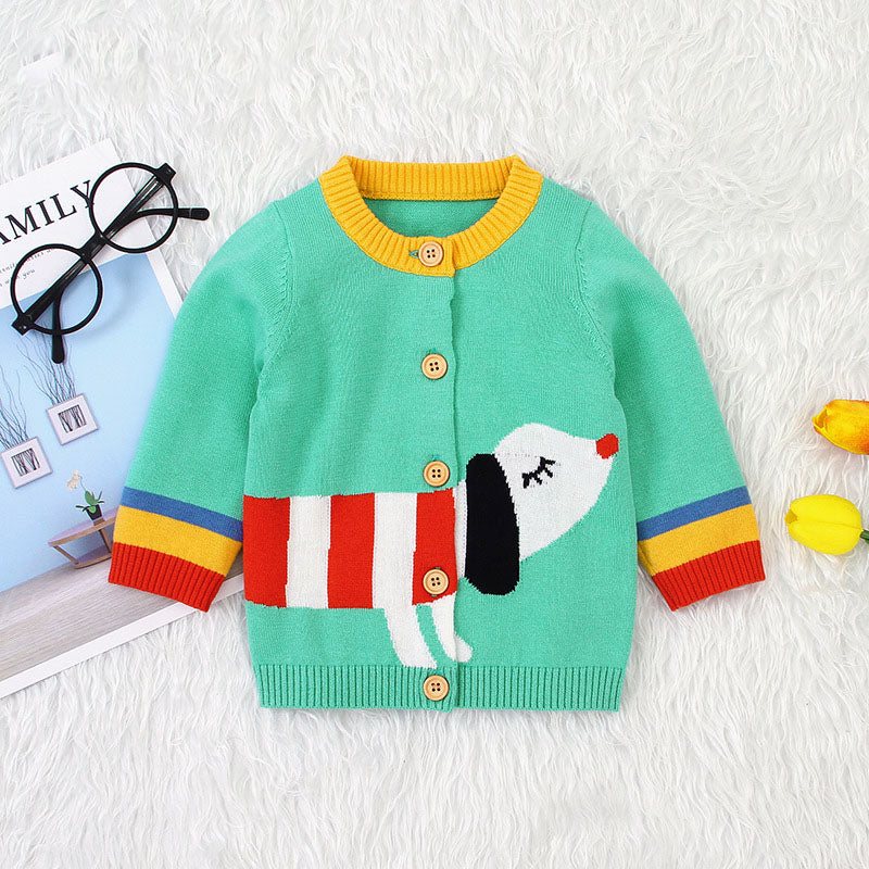 Baby Cartoon Dog Pattern Colorful Contrast Design Cardigan-0