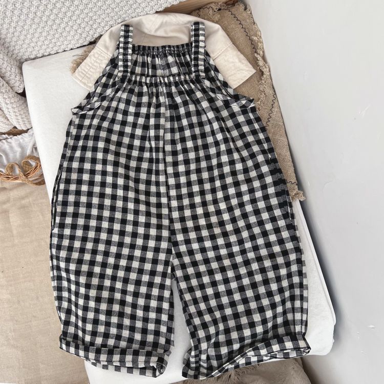 Baby Girl Plaid Pattern Sleeveless Strap Rompers In Spring-0