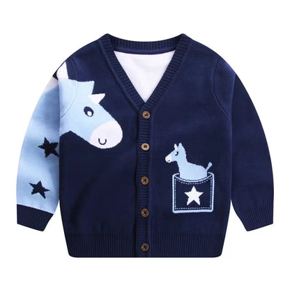 Baby Boy Cartoon Animal Embroidered Pattern Button Front V-Neck Cardigan-0