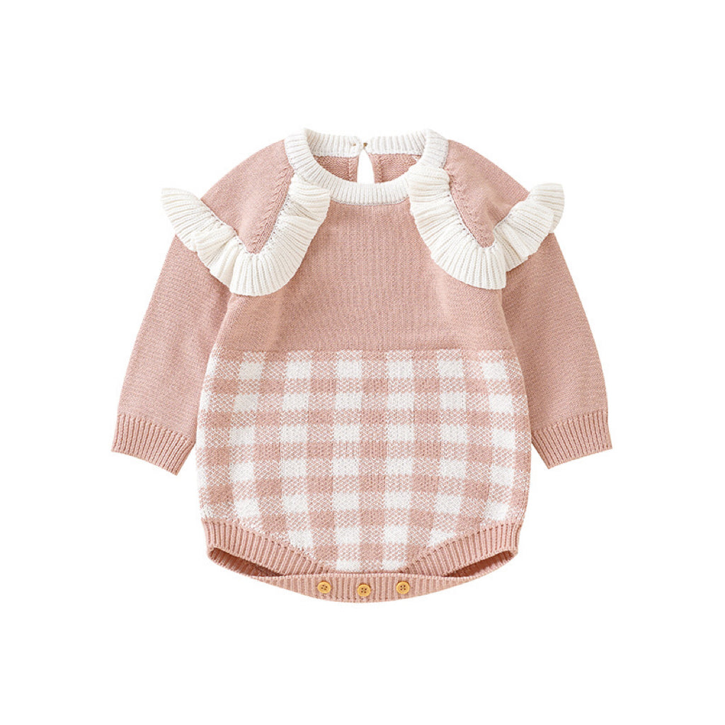 Baby Girl Checkerboard Pattern Lace Design Onesies In Autumn-7