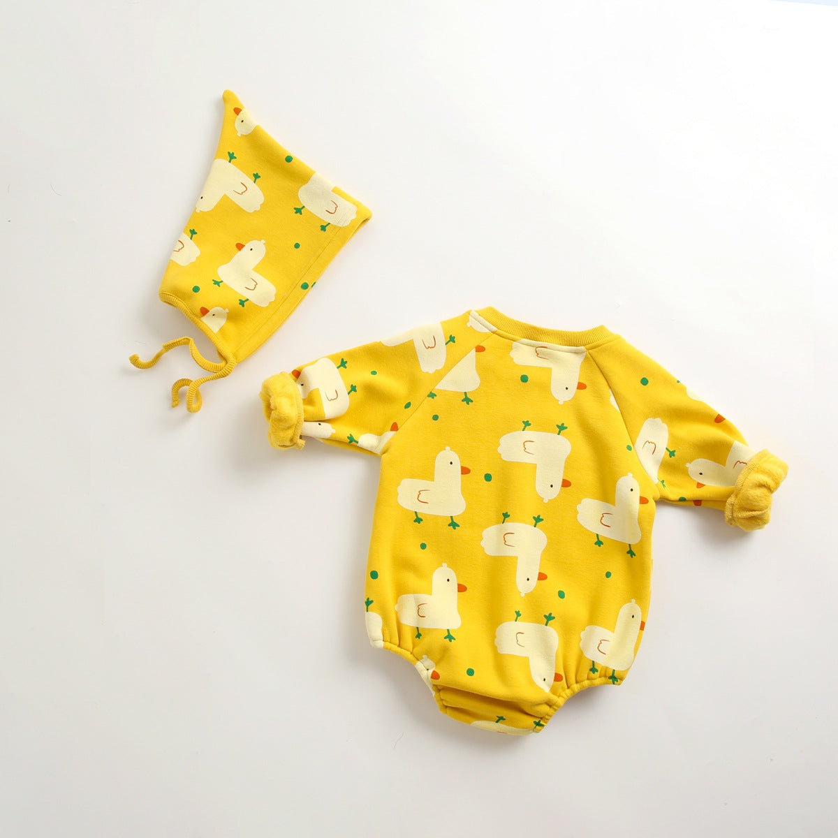 Baby 1pcs Cartoon Duck Print Button Front Rompers &amp; Onesies With Triangle Hats-4