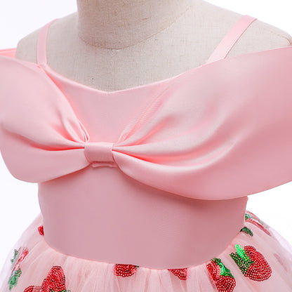 Baby Girl Strawberry Sequins Pattern Bow Tie Design Sling Tutu Formal Dress-7