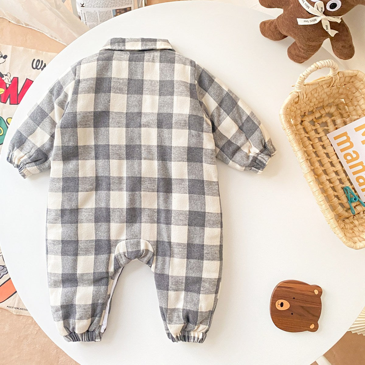 Baby Boy Plaid Pattern Snap Button Front Long-sleeved Thick Rompers-7