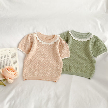 Baby Girl Hollow Carved Design Ruffle Design Cute Knit Tee-0