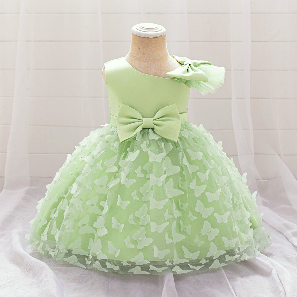 New Design Summer Baby Kids Girls Sleeveless Butterfly Pattern Mesh Bow Tied Strap Dress-6