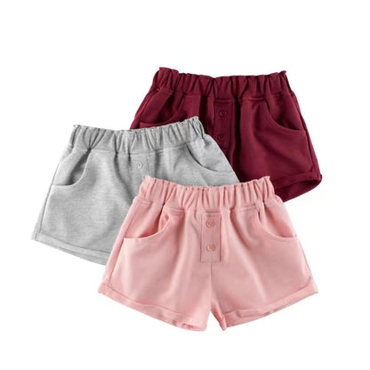 Baby Girl Solid Color Button Design Flap Short Pants With Pockets-0