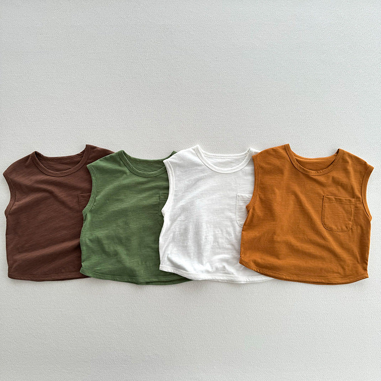 Refreshing Sleeveless Summer New Children’s Vest, Unisex Baby Bamboo Cotton Casual Pocketed Top-0