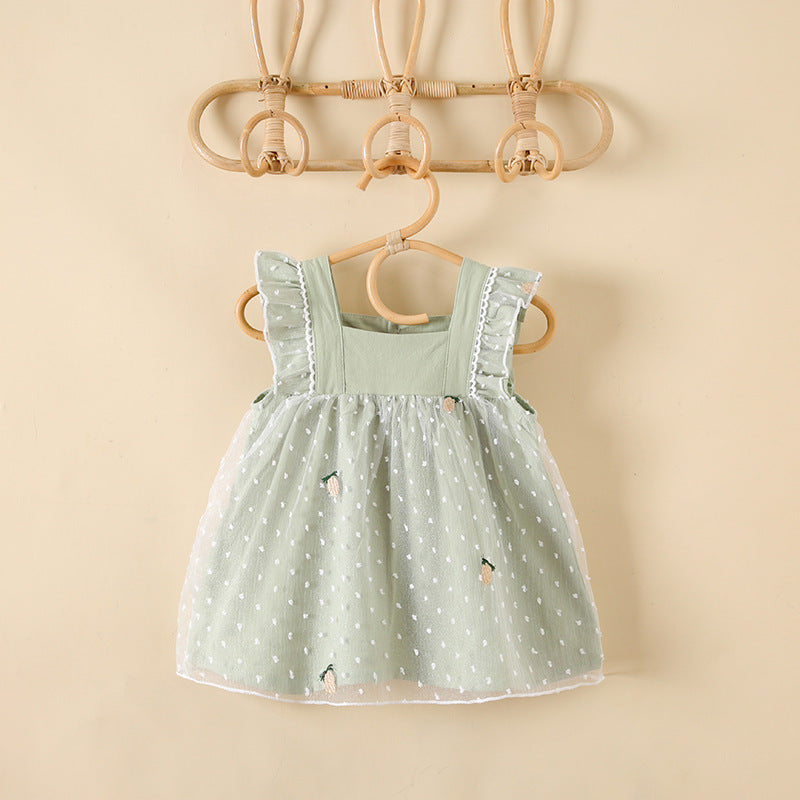 Baby Girls Pineapple Embroidery Polka Dot Lace Patchwork Square Collar Sleeveless Dress In Summer-0