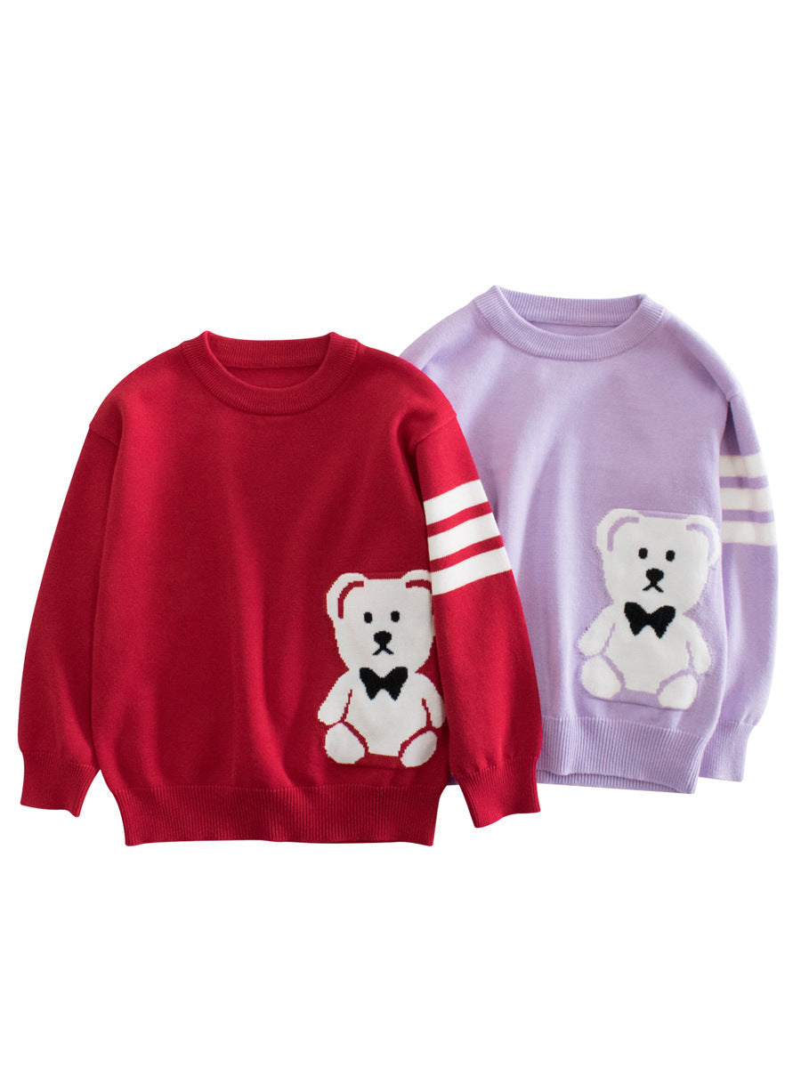 Baby Boys And Girls Kids Cute Teddy Bear Cartoon Long Striped Sleeve Knitwear Pullover-0