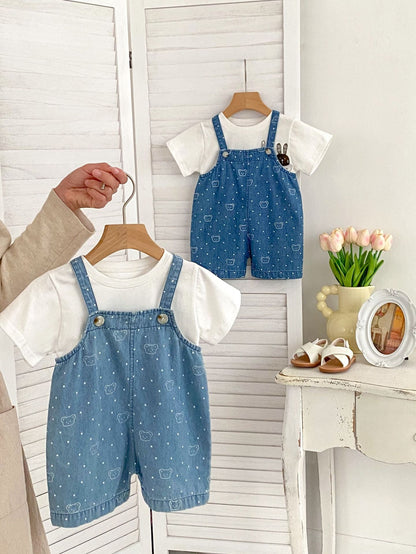 Summer Baby Kids Unisex Teddy Print White Dots Denim Overalls-6