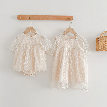 Summer Girls Lace Mesh Square Neck Onesies And Girls’ Dress – Princess Sister Matching Set-0