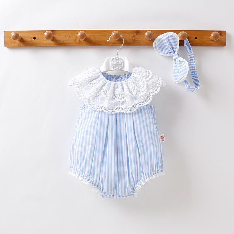 Baby Girl Stripped Pattern Ruffles Collar Onesie-0