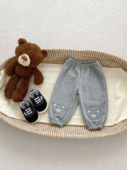 Spring Adorable Baby Kids Unisex Teddy Bear Knitted Waffle Grid Thin Pants-7