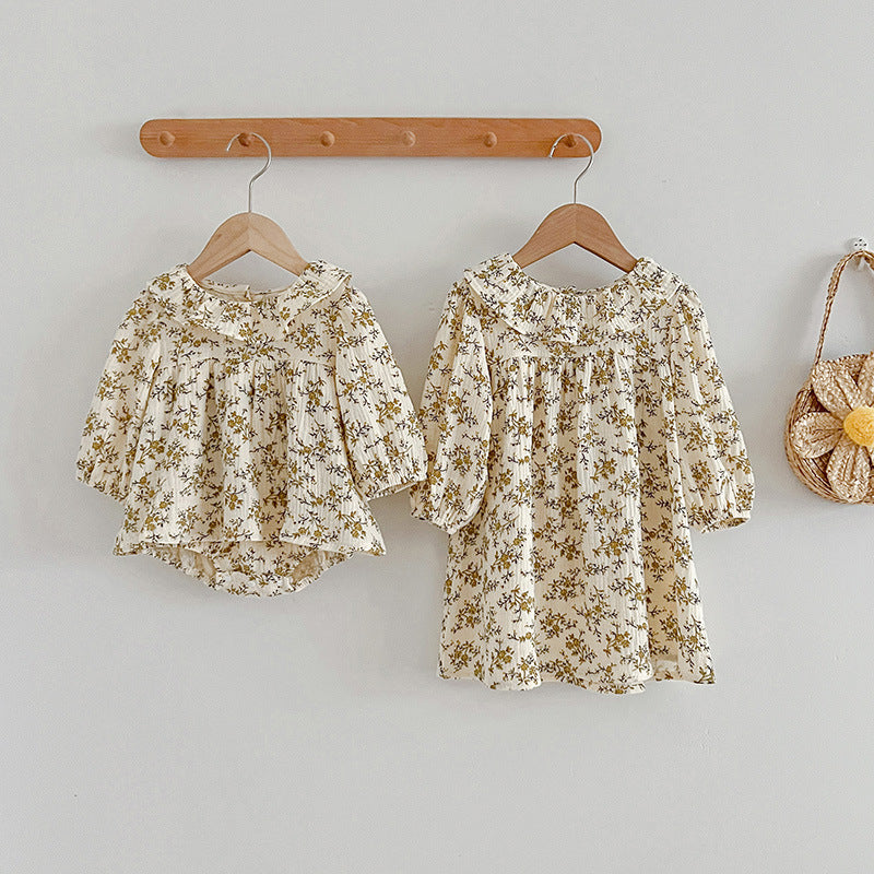 Floral Pattern Ruffle Neck Baby Onesies Dress-0