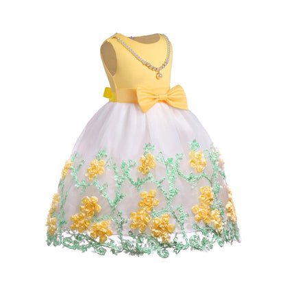 Baby Girl Flower Mesh Overlay Design Bow Tie Vest Dress Birthday Formal Dress-7