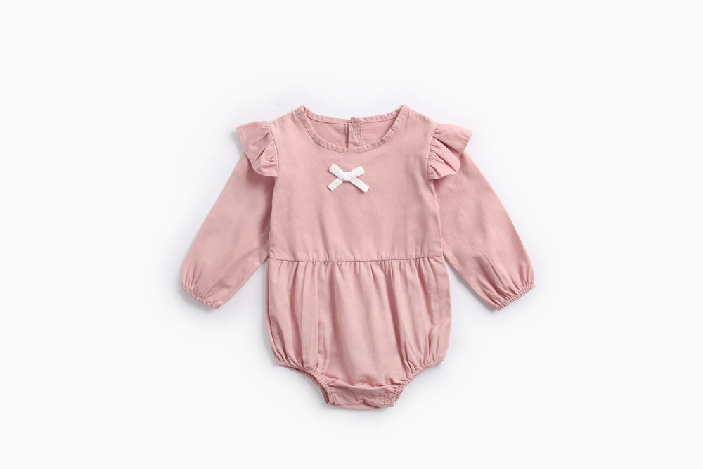 Baby Girl Solid Color Bow Patched Design Little Butterfly Sleeves Bodysuit-7