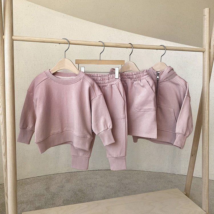 Baby Boy And Girl Solid Color Pullover Hoodies Combo Pants Pieces Sets-6