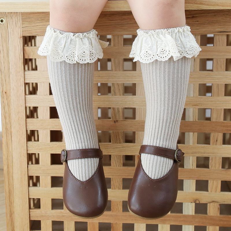 Baby Girl Solid Color Mesh Patched Design Princess Socks-6