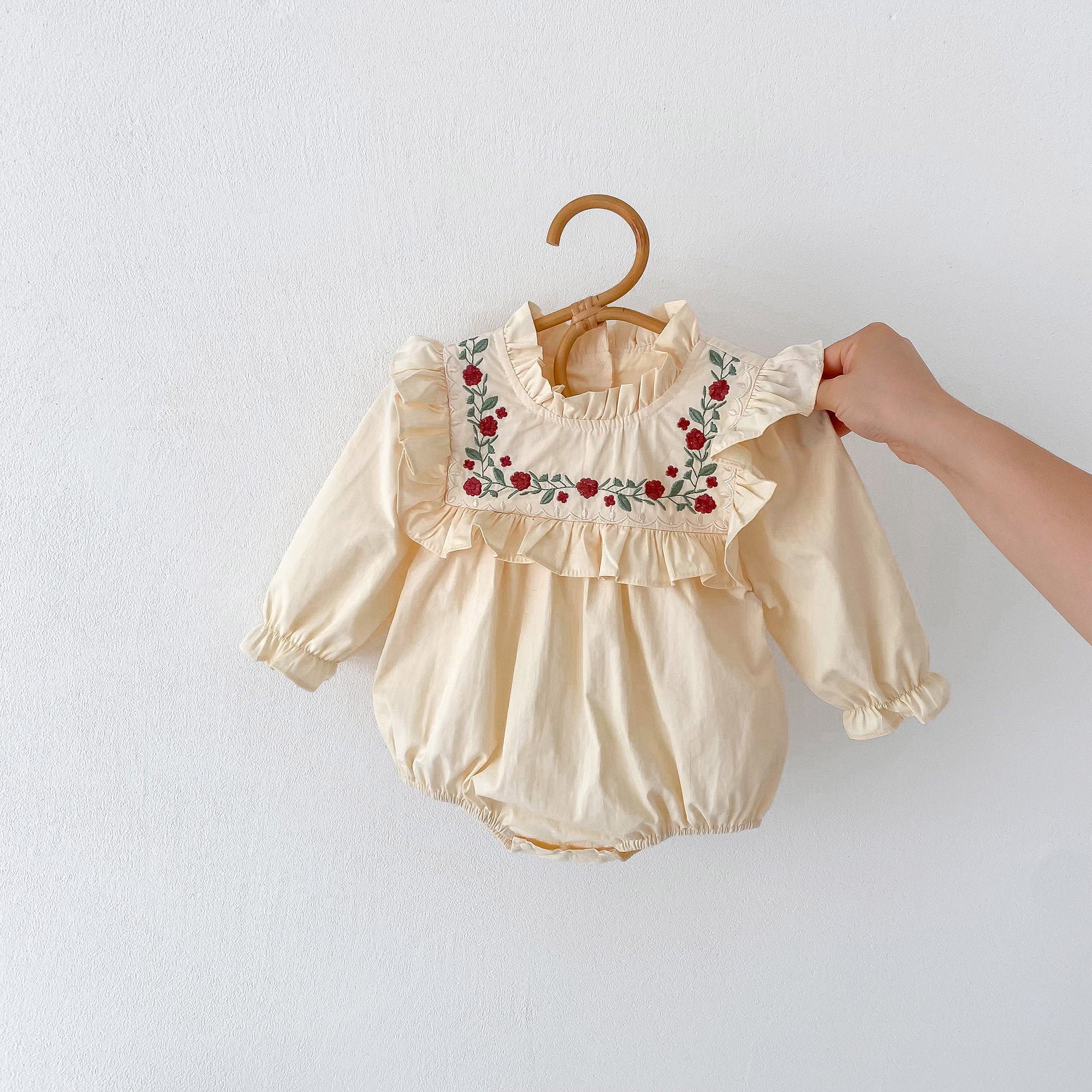 Infant Baby Girls Floral Embroidery Long Sleeve One Piece-7