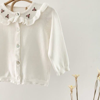 Baby Girl Floral Embroidered Pattern Single Breasted Design Knit Cardigan-6