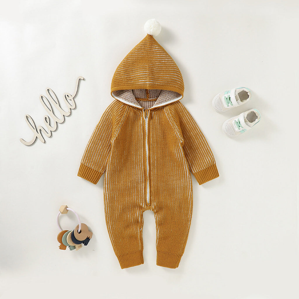 Baby Solid Color Zipper Front Design Hooded Knitted Romper-0