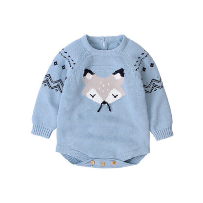 Baby Cartoon Fox Graphic Long Sleeves Triangle Knitted Romper Jumpsuit In Autumn-2