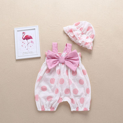 Baby Girl Bow Design Pink Polka Dot Pattern Sleeveless Romper With Hat-0