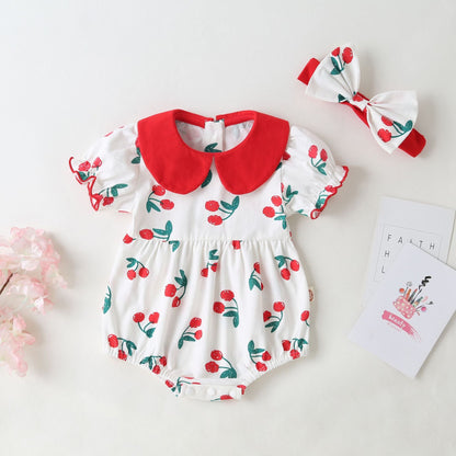 Baby Girl Cherry Print Pattern Round Collar Short-Sleeved Onesies In Summer Outfit Wearing-0