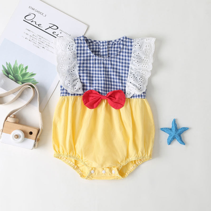 Baby Girl Plaid Pattern Lace Patchwork Bow Sleeveless Princess Onesies In Summer-0