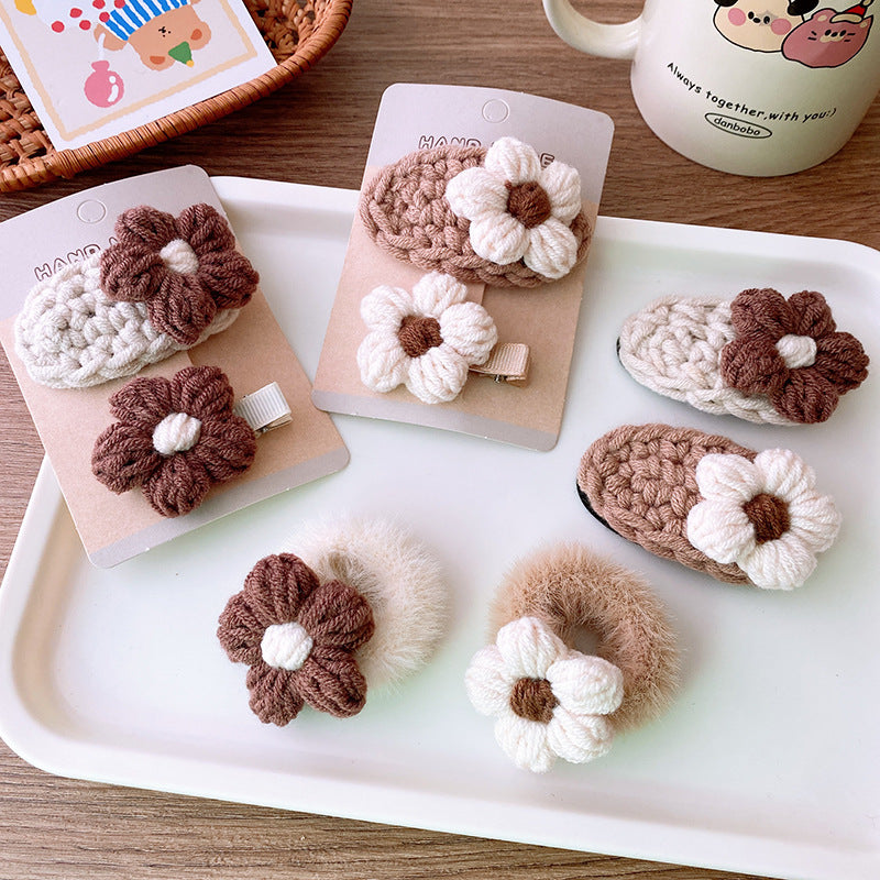 Adorable Handcrafted Knitted Hair Accessories For Children And Teens: Beige Floral Hair Clip And Plush Hairband-0