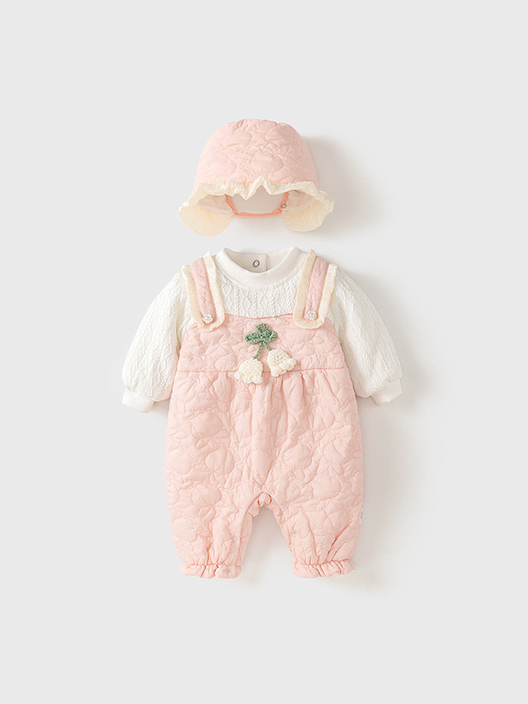 Winter Baby Thick Home Clothes Pink-White Patchwork Romper With Hat-0