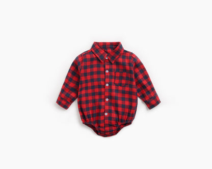 Baby Boy Plaid Pattern Buttoned Shirt With Pockets Long Sleeve Onesies In Autumn-6