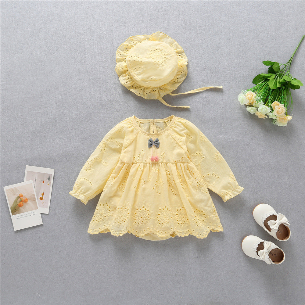 Baby Solid Yellow Hollow Carved Design Long Sleeves Bow Dress &amp; Hat-0