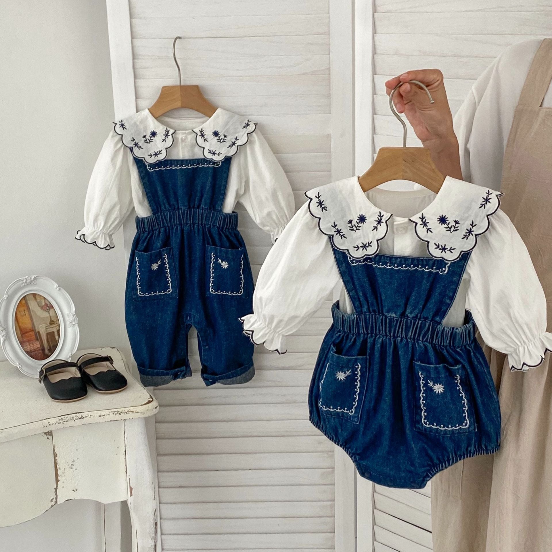 Spring Baby And Kids Girls Vintage White Shirt And Denim Overalls/Onesie Clothing Set-1