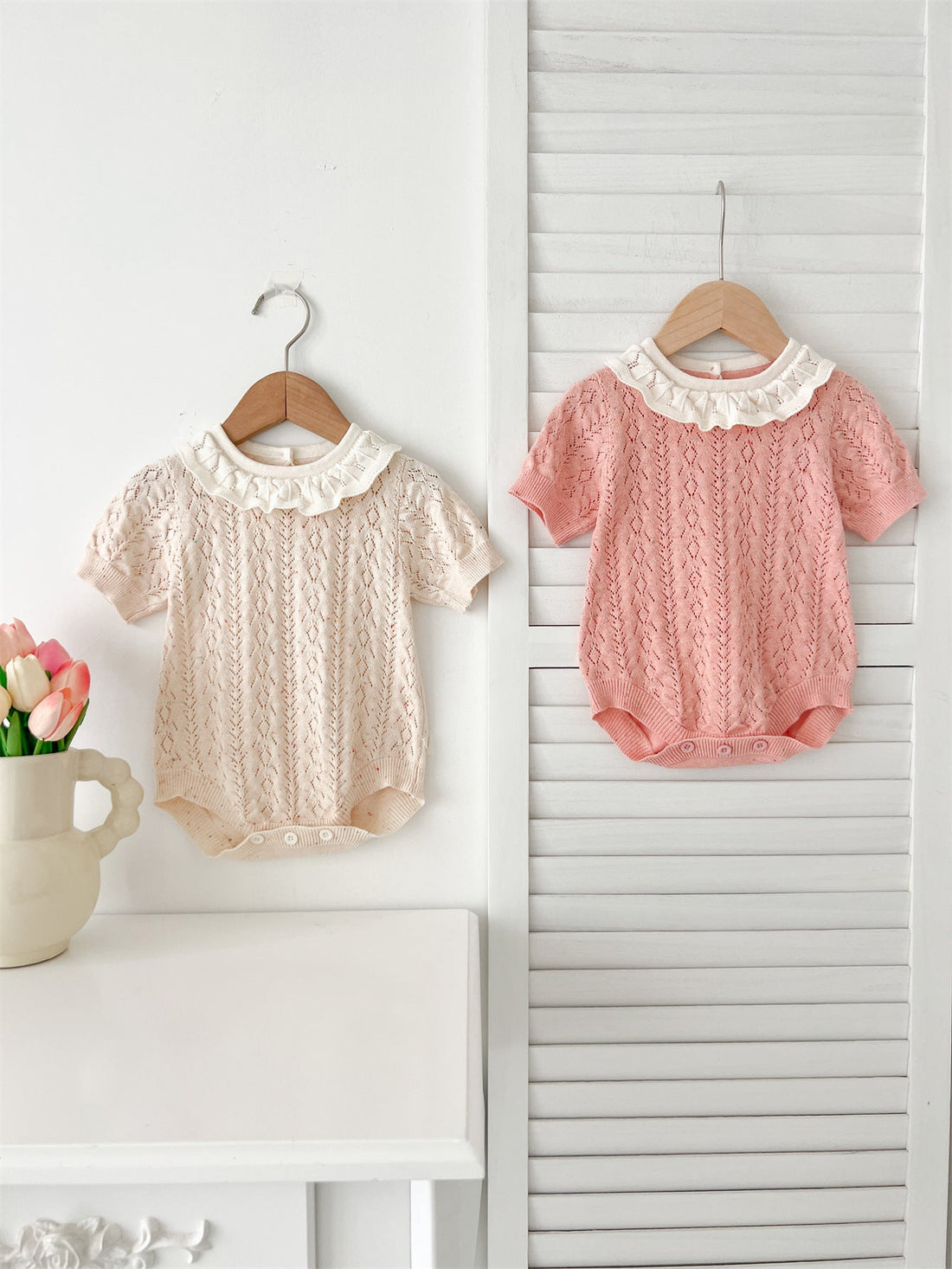 New Arrival Summer Baby Kids Girls Knitted Ruffled Collar Hollow Out Short Sleeves Onesies-0