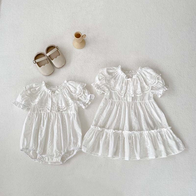 New Arrival Summer Baby Kids Girls Hollow Out Collar Short Sleeves Solid Color Floral Embroidery Onesies And Dress – Princess Sister Matching Set-0