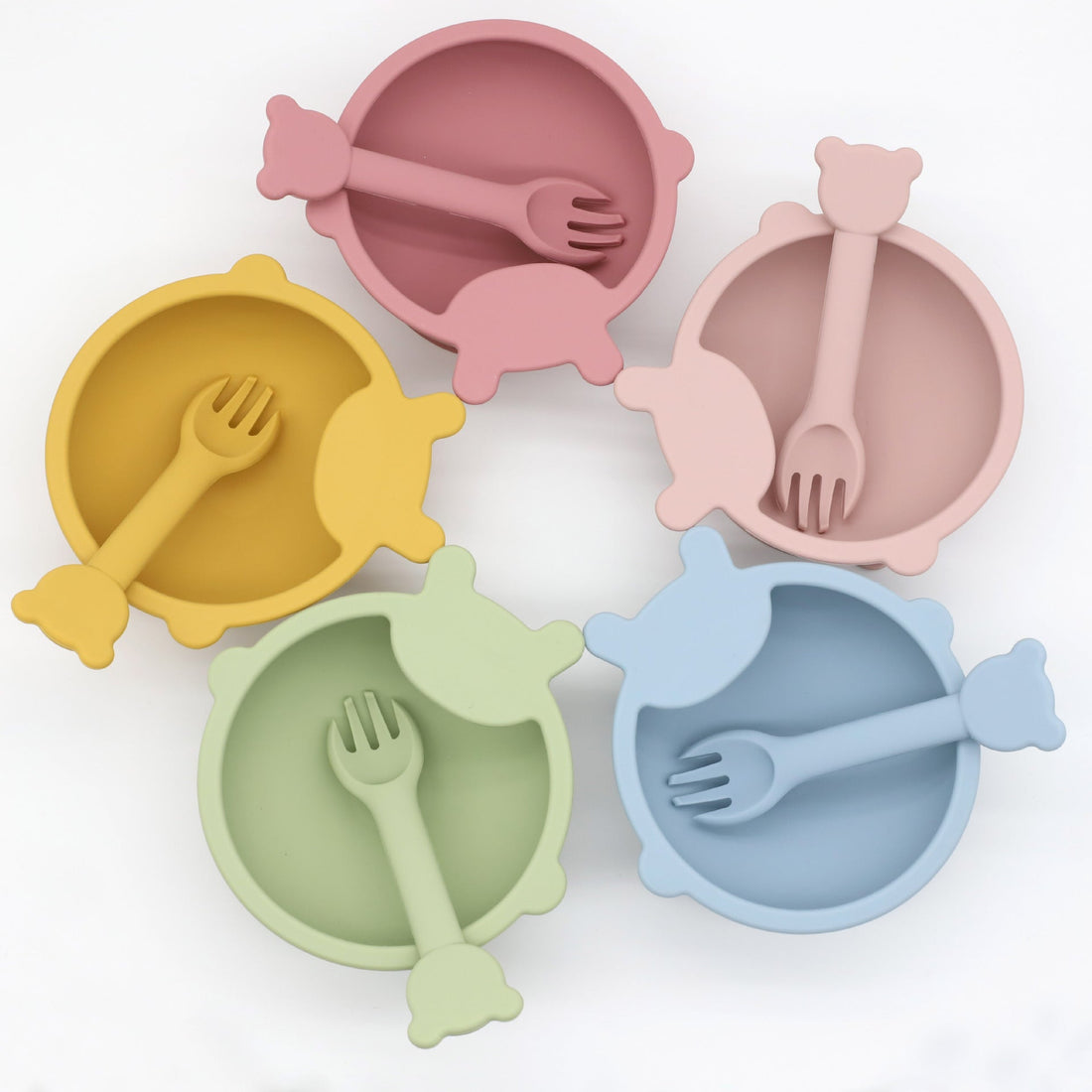 Baby Cartoon Bear Shape Complementary Food Training Silicone Bowl With Spoon Sets-0