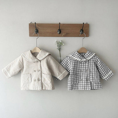 Baby Plaid Pattern Solid Color Lapel Design Cute Style Quilted Coat-0