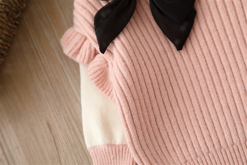 Baby Solid Color Bow Patched Sweater With Pants Sets-7