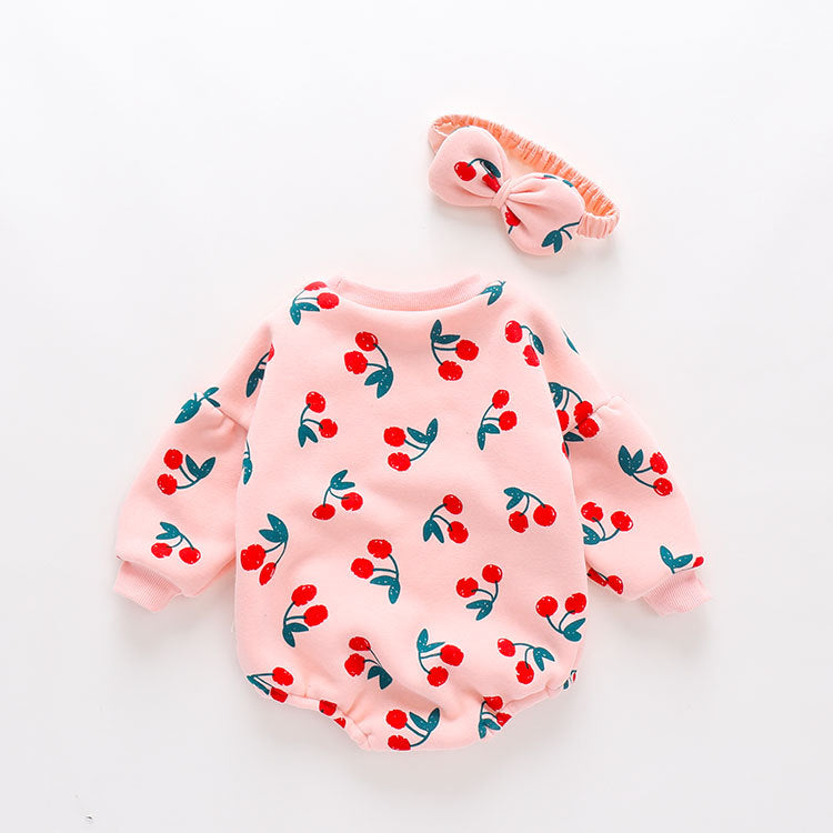 Baby Girl Allover Cherry Pattern Lantern Sleeves Triangle Bodysuit Onesies-6