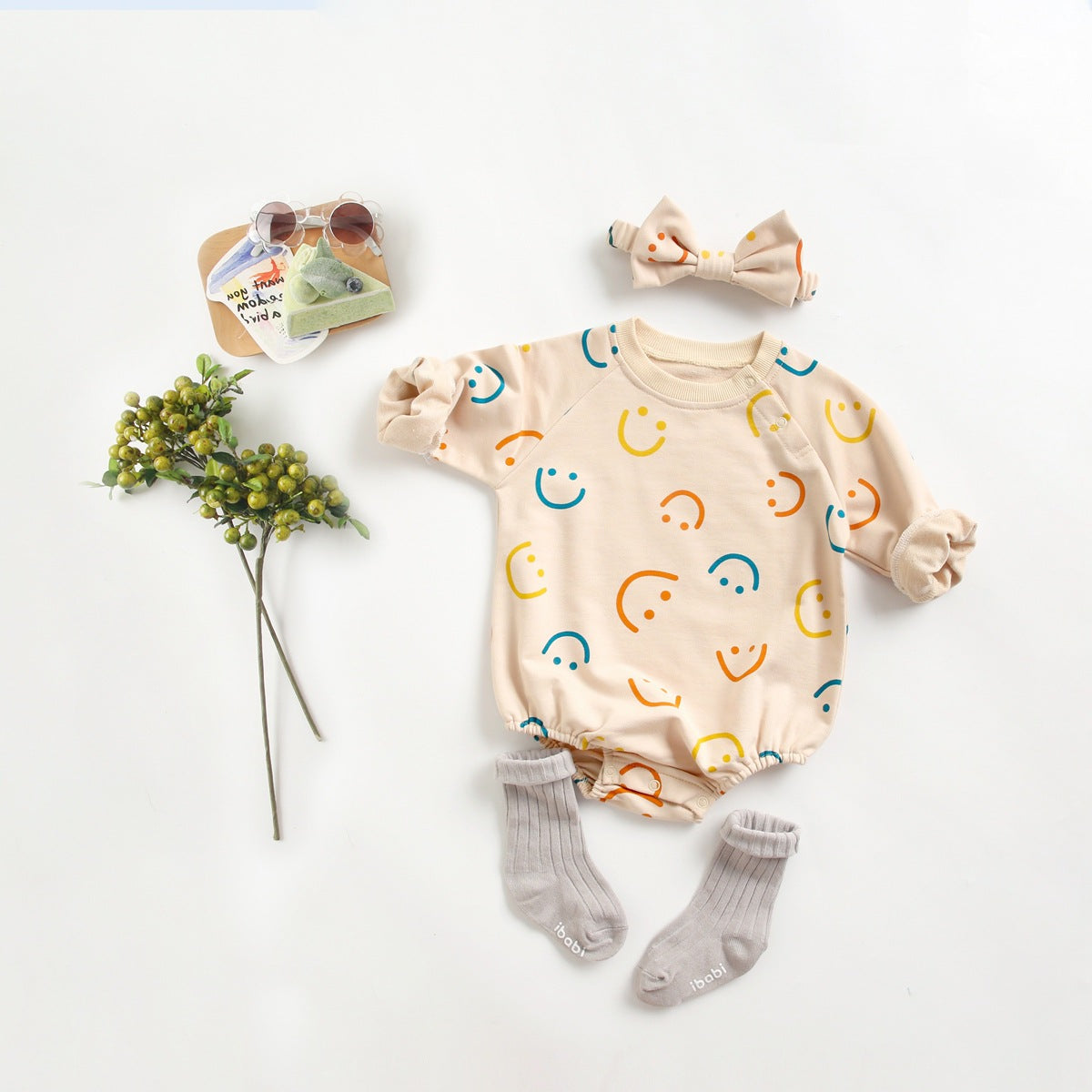 Baby Girl Smiley Print Pattern Long-Sleeve Design Round Collar Onesies-0