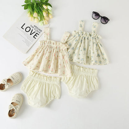 Baby Girl Floral Print Pattern Sleeveless Tops Combo Shorts Sets In Summer-0