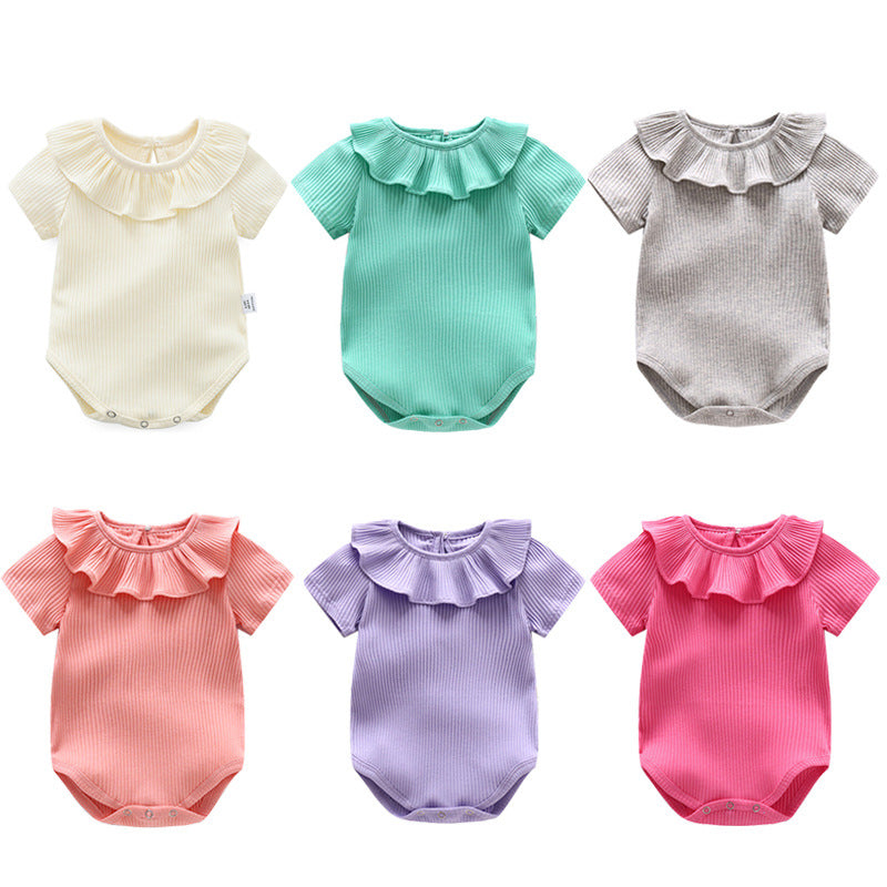 Baby Girl Solid Color Ruffle Design Short Sleeve O-Neck Onesies-0