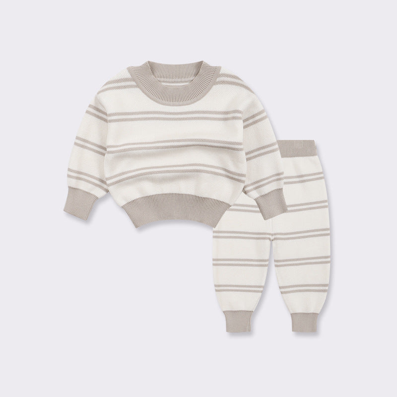 Unisex Baby And Kids Grey Striped Pullover Sweater And Pants Casual Home Clothing Set-0