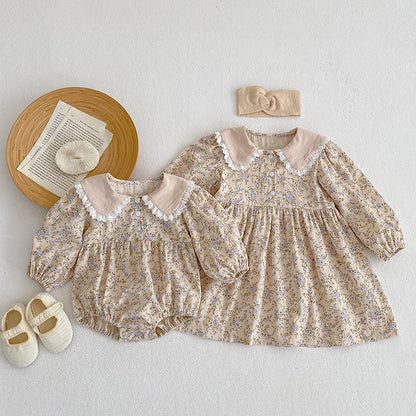 Floral Adorable Baby Turndown Lace Trim Collar Onesies And Girls’ Dress – Princess Sister Matching Set-0