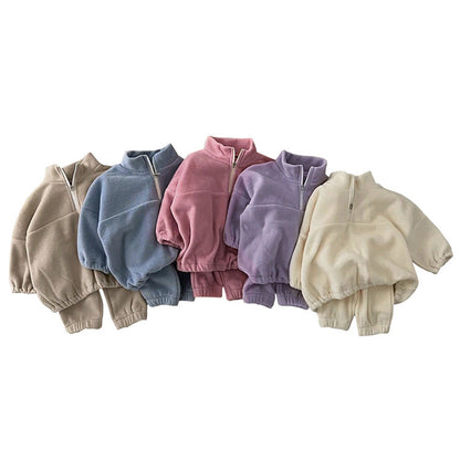 Baby Solid Color Double Sided Fleece Stand Collar Sweater Sets-7