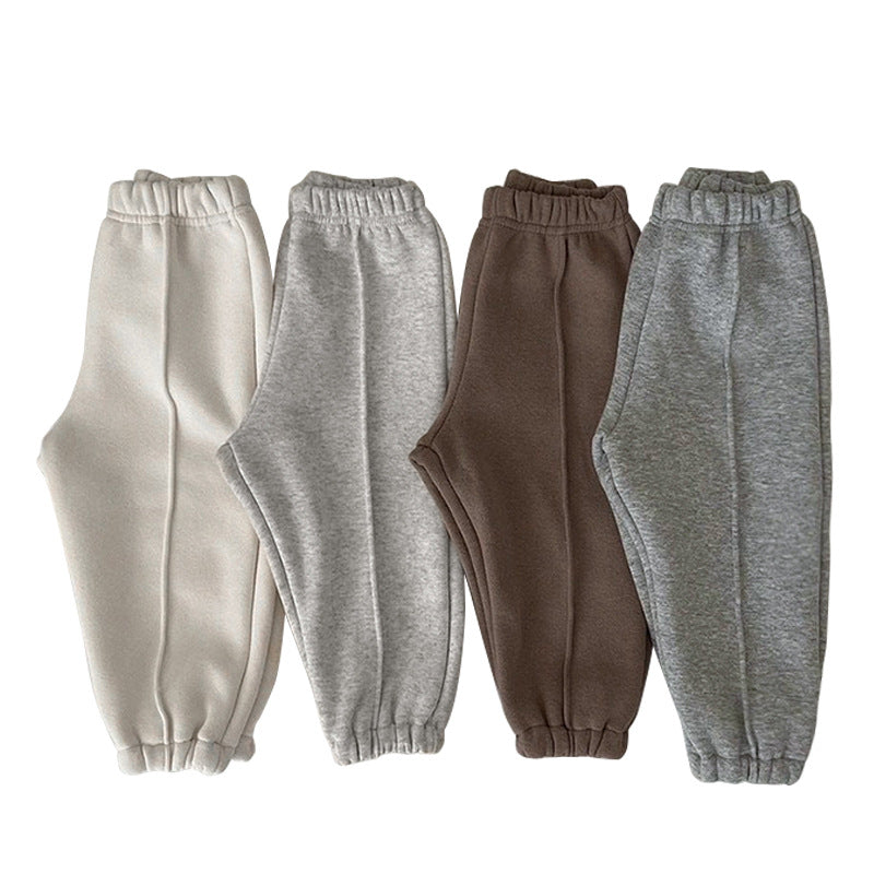 Baby Solid Color Loose Fleece Thickened Warm Sweatpants In Autumn-0